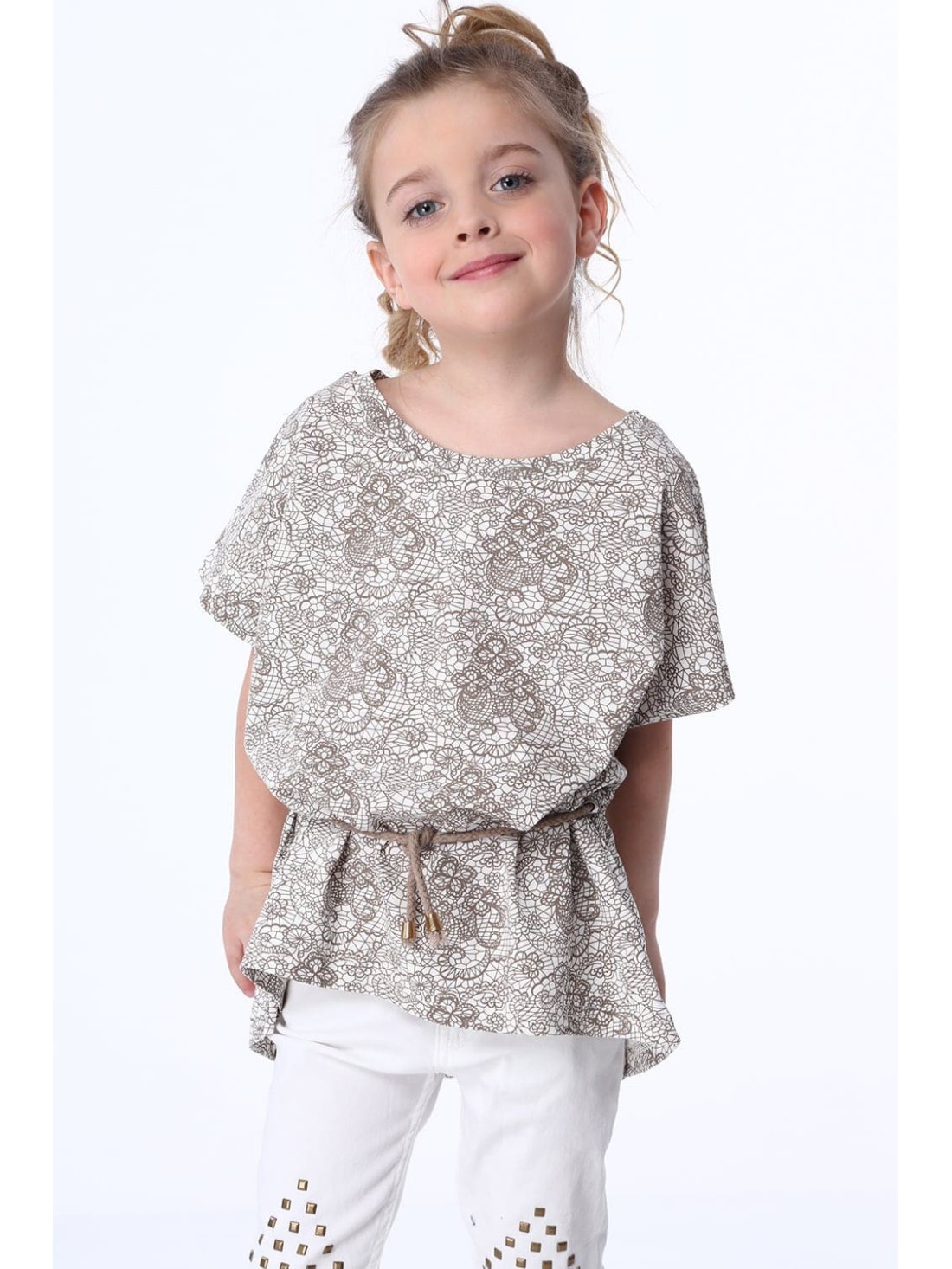 Mädchenbluse mit Krawatten, weiß und beige NDZ8200 – Online-Shop – Boutique